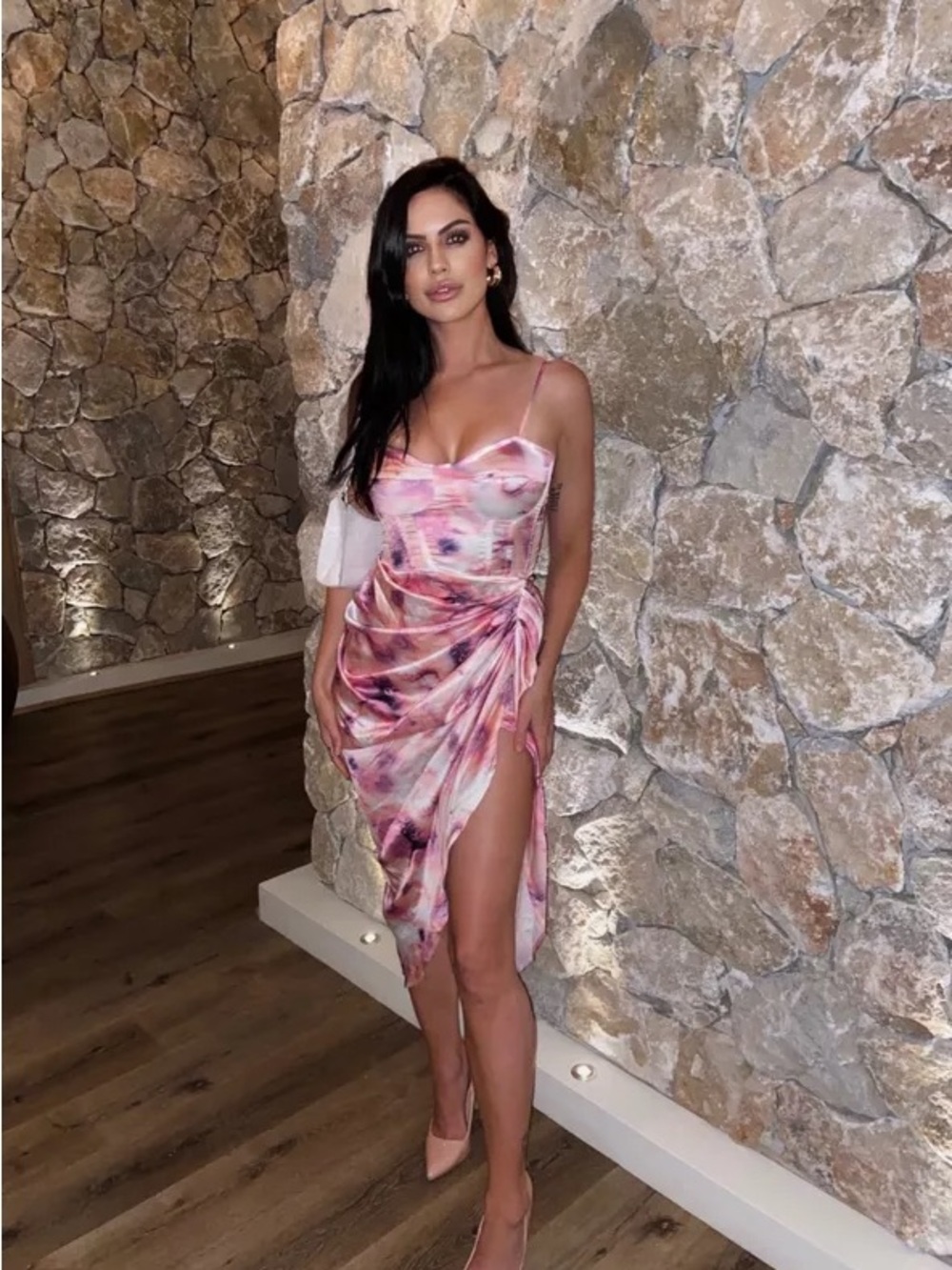 Pretty Little Thing - Pink Tie-Dye Satin Ruched Slip Dress